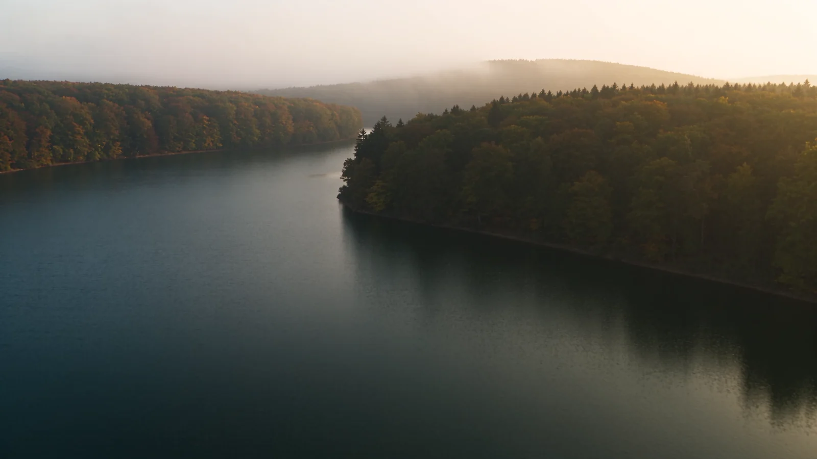 Atmospheric symbolic motif: quiet forest lake in the warm morning light.