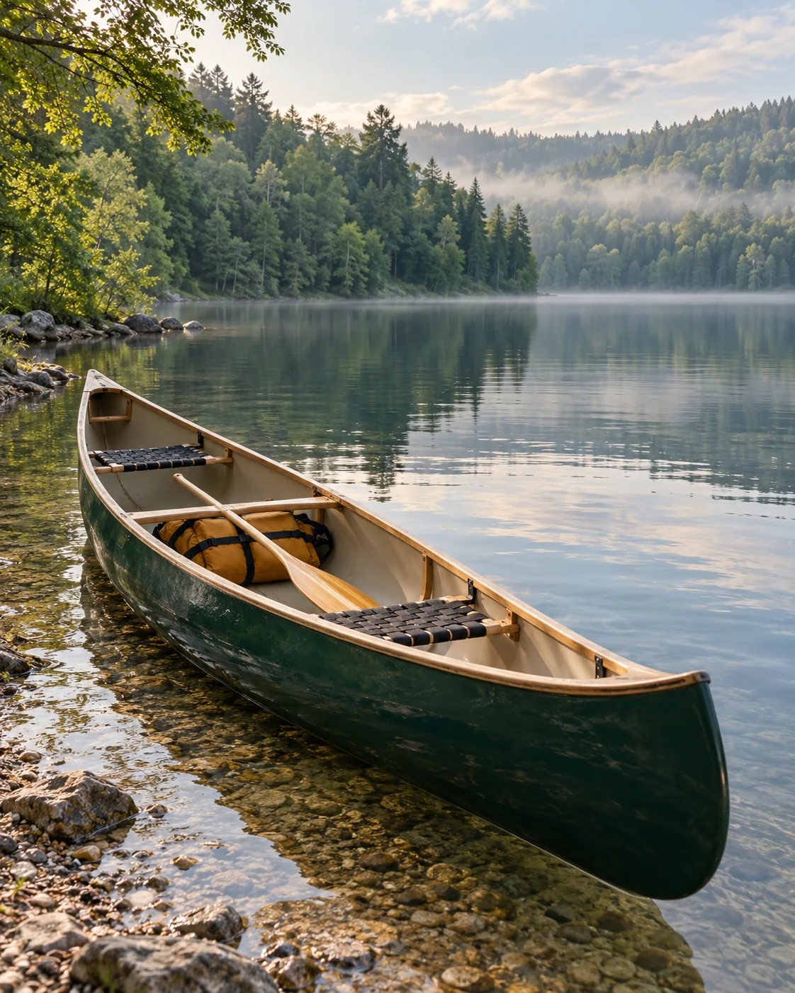 Dark green Canadian with wooden paddle and swimming aid on a forest lake. AI-generated symbol motif.