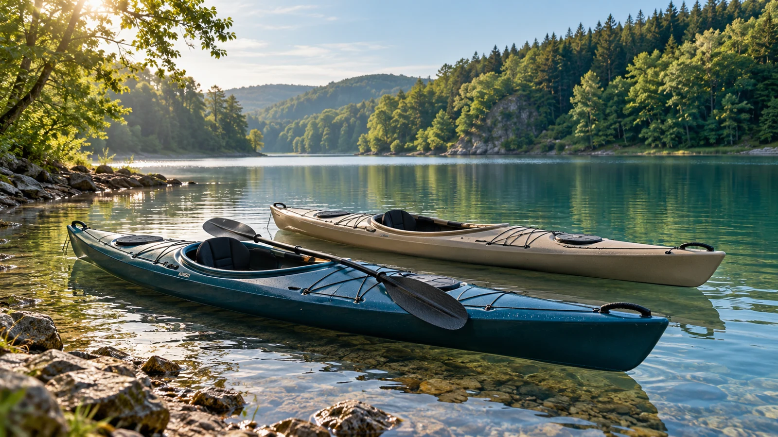 Two tour kayaks in Petrol and sand on the wooded lake. AI-generated symbol motif.
