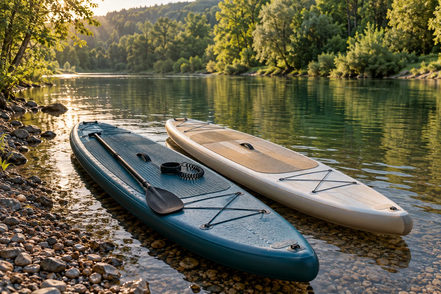 Two high-quality SUP boards in petrol and sand with paddle on the wooded lake. AI-generated symbol motif.
