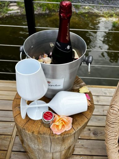 Ein Eiskübel mit Sekt, Gläsern und einer Rose auf einem Baumstumpf.