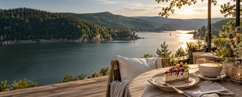 Kaffee und hausgemachter Kuchen auf einer Terrasse mit Blick über den Hohenwartestausee.