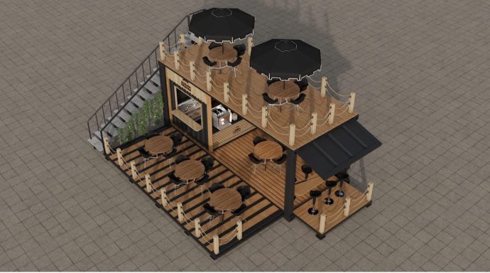 Moderne Außenansicht einer zweigeschossigen Caféterrasse mit Tischen und Sonnenschirmen.