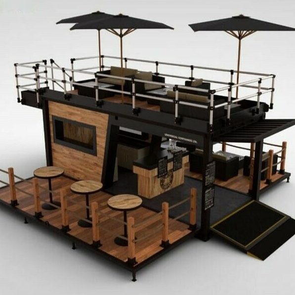 Modular Verkaufsstand mit Holzdekor, Sitzbereichen und Sonnenschirmen.