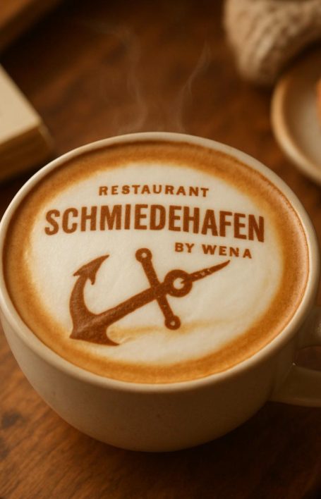 Kaffee Tasse mit Latte Art, die den Schriftzug "Schmiedehafen" und ein Anker-Motiv zeigt.