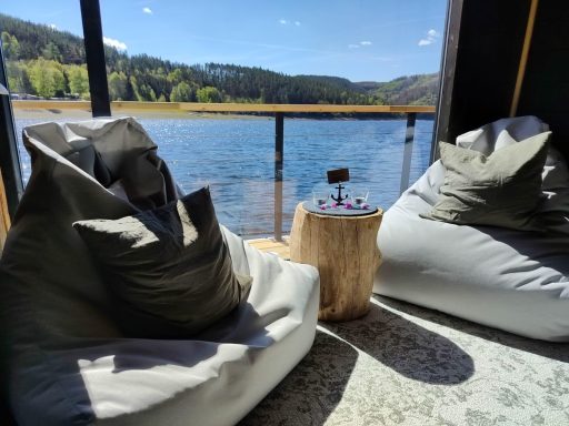 Zwei Sitzsäcke mit Blick auf einen See und umliegende grüne Wälder.